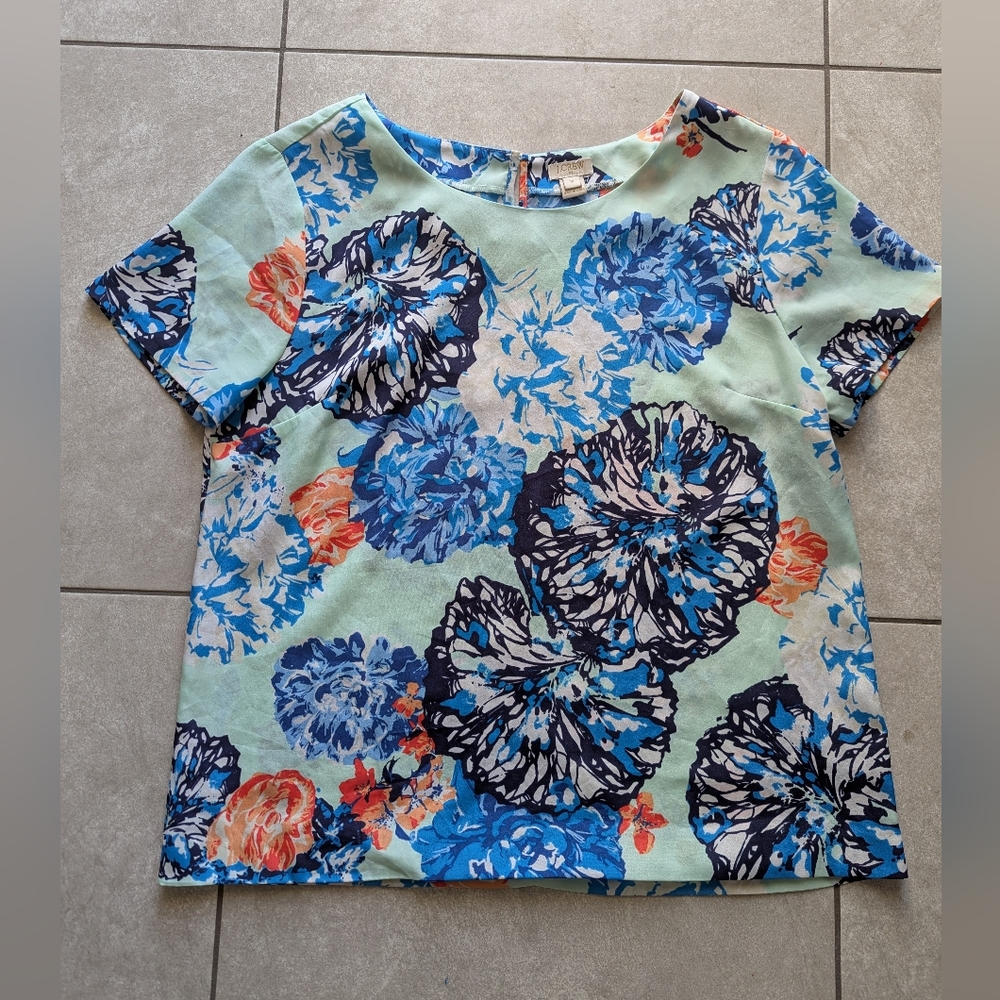 J. Crew Blue and Black Floral Top